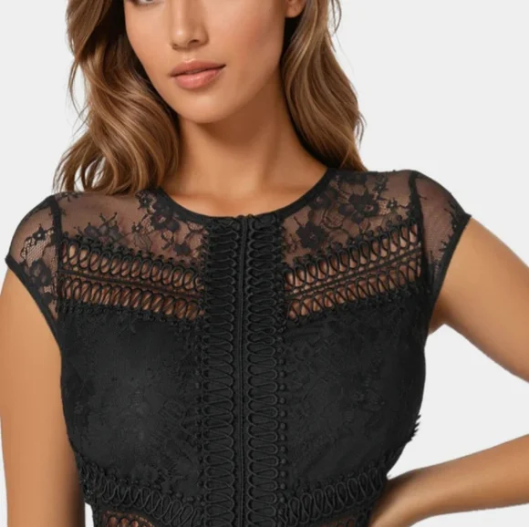 Bebe Tiered Lace Elegant Midi  Dress Color Black Size Large - Picture 3 of 8